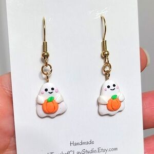 Cute Kawaii Halloween Fall Ghost Pumpkin Gold Tone Dangle Drop Earrings